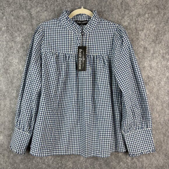 Scarlet Darkness Victorian Gingham Blouse Lantern Sleeves Blue White‎ Size M - Picture 2 of 8